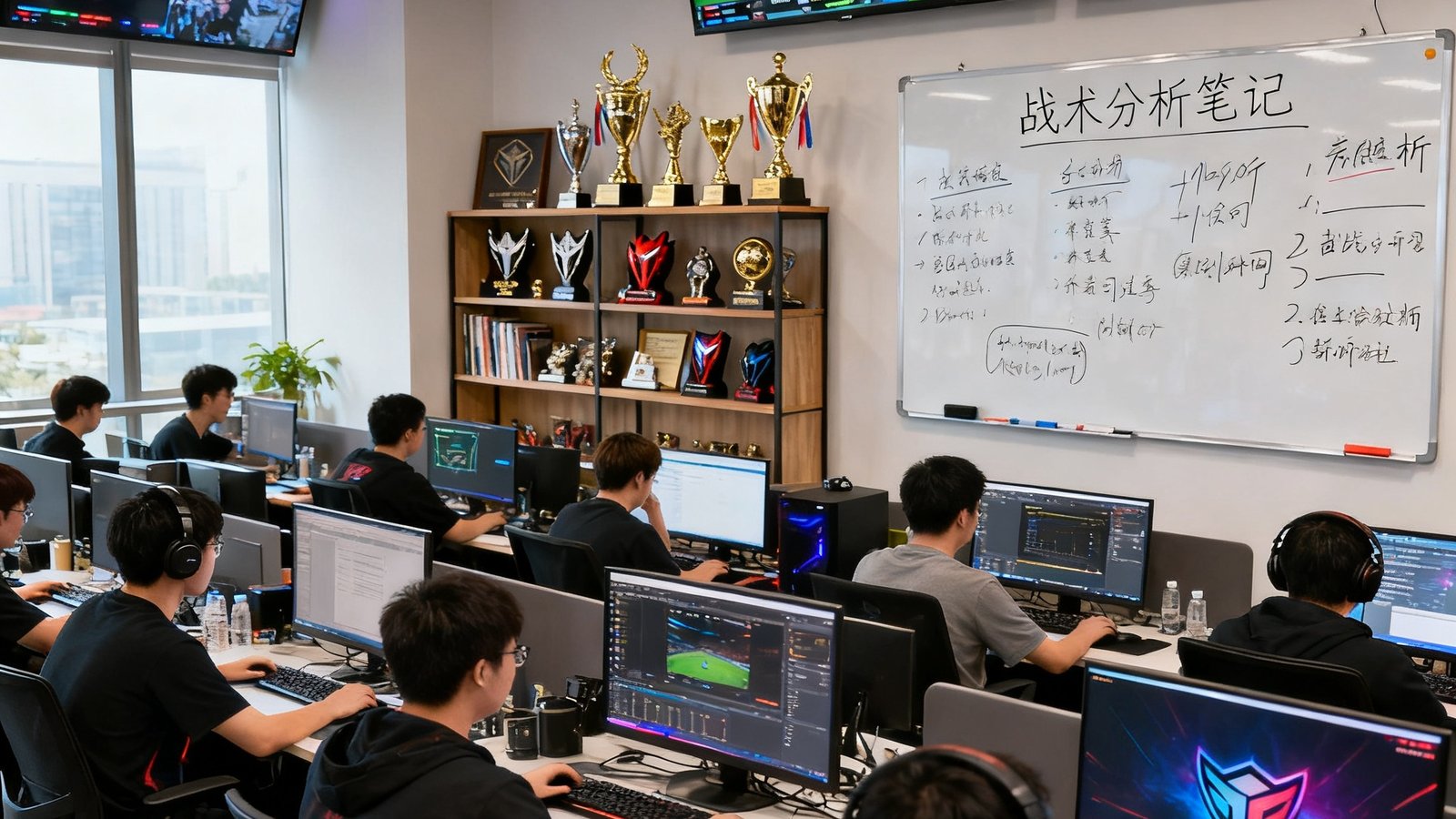 竞技宝官网办公室内景照片，开放式的办公区域中数十位编辑和分析师正在工作，墙面悬挂多块赛事直播屏幕，白板上写满战术分析笔记，书架陈列着电竞相关的奖杯与纪念品，展现出一家专业电竞媒体的日常运作场景。