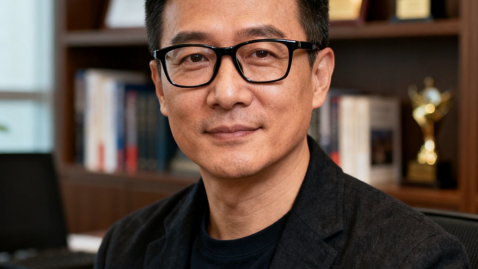 竞技宝创始人兼CEO陈远航的半身肖像照，35岁左右的男性，戴着黑框眼镜，穿着深色休闲西装，背景是办公室书架，表情沉稳自信，体现出资深媒体人的专业气质。